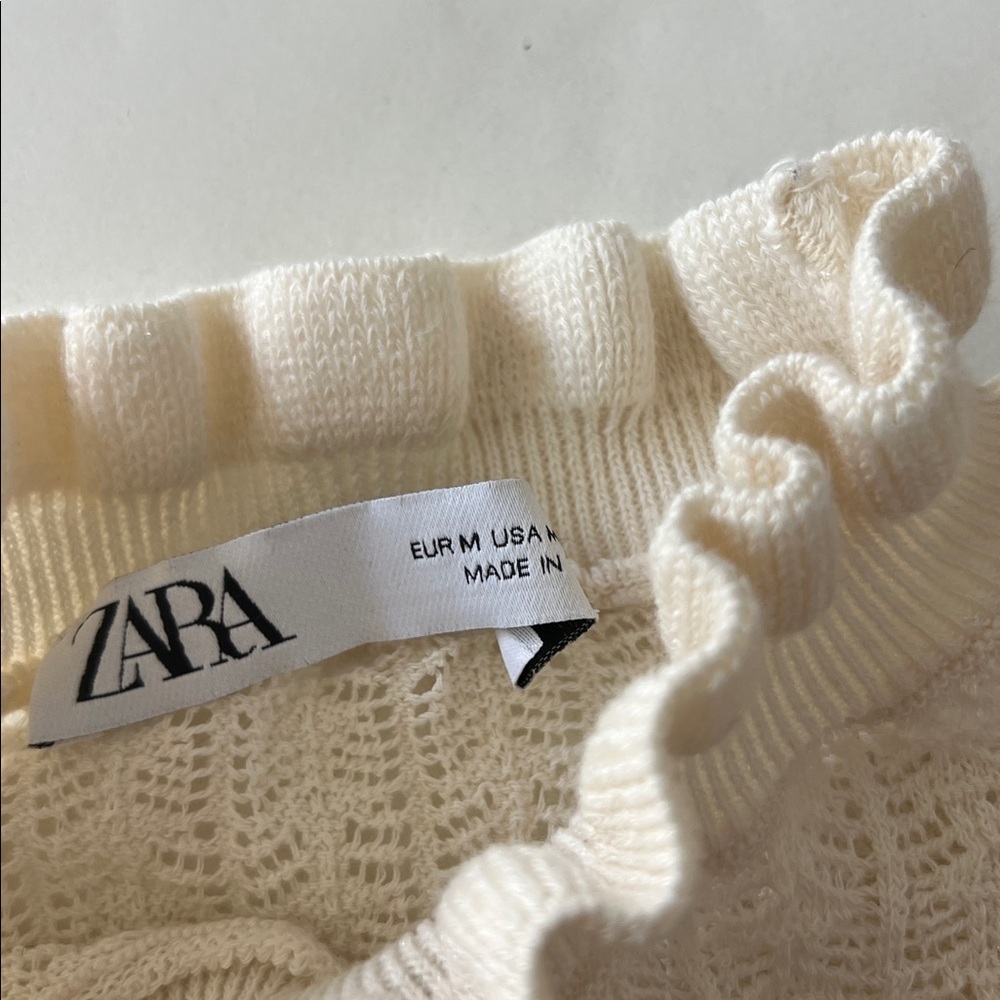 Zara Knit Coquette Bow Tie Pointelle Long Sleeve Sweater Top Ecru Cream M - Picture 6 of 7